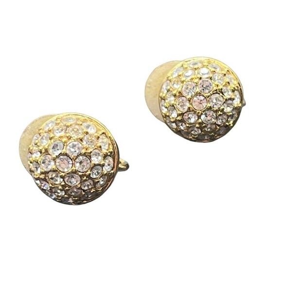 Swarovski Signed Swan Domed Button 18k Gold Plated Crystal Pave Clip On Earrings - Picture 13 of 15
